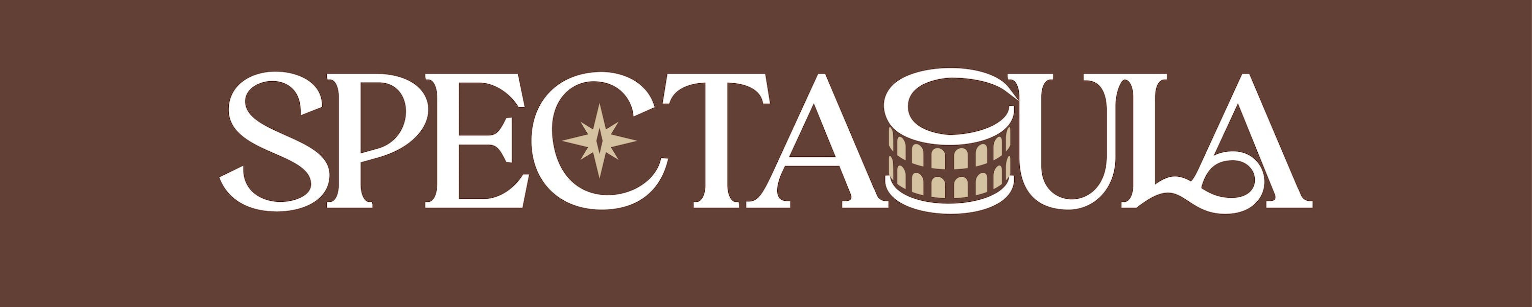 The word 'SPECTASULA' appears in white serif lettering across the center of a solid dark brown background. The lettering is stylized, with a small star-like symbol inside the letter 'C' and letter 'U' replaced by a stylized depiction of a colosseum.